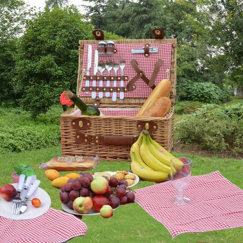  SatisInside Upgraded Insulated USA 2020 Luxury 28pcs Wicker Picnic Basket for 4 - Reinforced Handle - Red Gingham