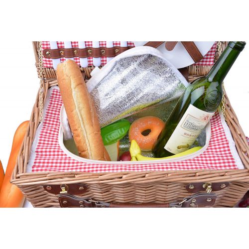  SatisInside Upgraded Insulated USA 2020 Luxury 28pcs Wicker Picnic Basket for 4 - Reinforced Handle - Red Gingham