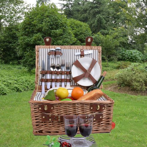  SatisInside Upgraded Insulated USA 2020 Luxury 28pcs Wicker Picnic Basket for 4 - Reinforced Handle - Red Gingham