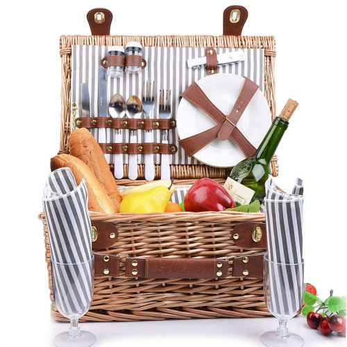  SatisInside New 2020 USA Insulated Deluxe 16Pcs Kit Wicker Picnic Basket Set for 2 People - Reinforced Handle - Grey Stripes