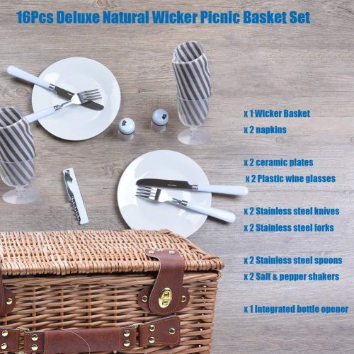  SatisInside New 2020 USA Insulated Deluxe 16Pcs Kit Wicker Picnic Basket Set for 2 People - Reinforced Handle - Grey Stripes