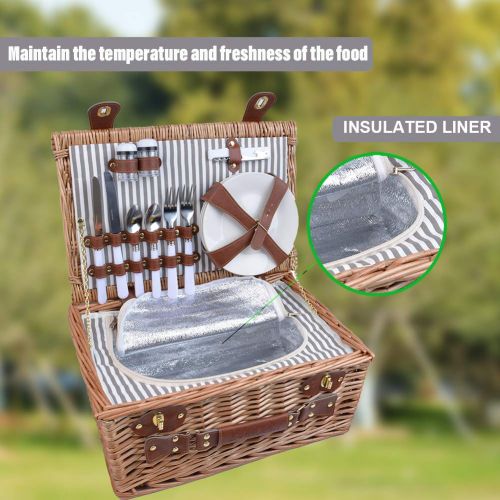  SatisInside New 2020 USA Insulated Deluxe 16Pcs Kit Wicker Picnic Basket Set for 2 People - Reinforced Handle - Grey Stripes