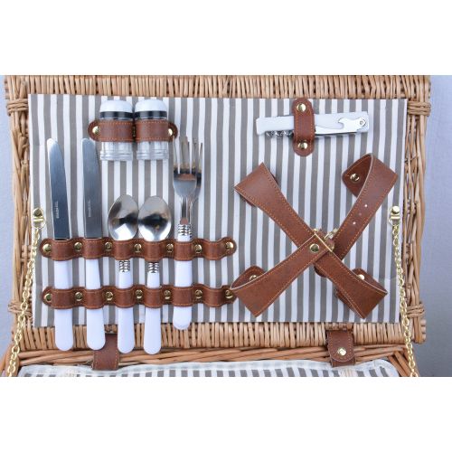  SatisInside New 2020 USA Insulated Deluxe 16Pcs Kit Wicker Picnic Basket Set for 2 People - Reinforced Handle - Grey Stripes