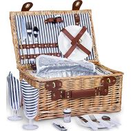 SatisInside New 2020 USA Insulated Deluxe 16Pcs Kit Wicker Picnic Basket Set for 2 People - Reinforced Handle - Grey Stripes