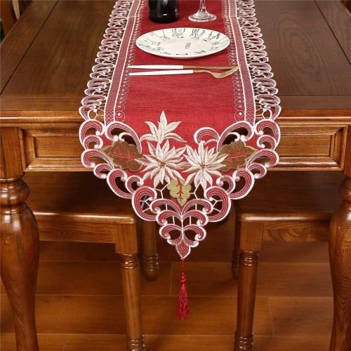  [아마존베스트]Sattiyrch Christmas Embroidered Table Runner, Luxury Poinsettia and Holly Table Runner for Xmas Decorations,15x69 Inch (Red)…