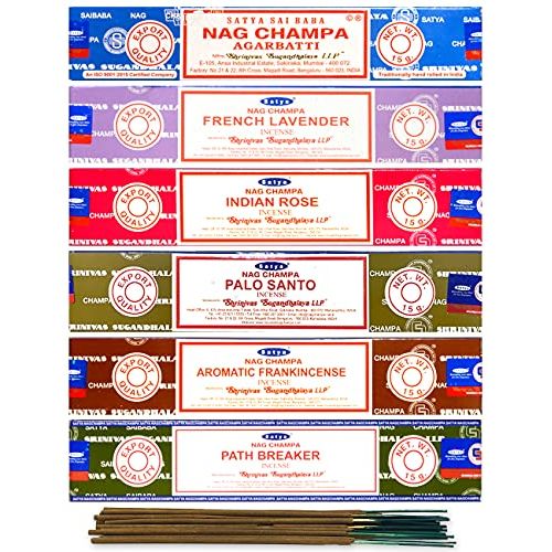  인센스스틱 Satya Organic Incense Sticks- Gift Set of 6 Pack - Nag Champa,Indian Rose,French Lavender,Aromatic Frankincense, Palo Santo,Path Breaker, Natural Incense Sticks 15 Grams x 6 Pack