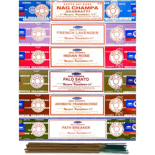  인센스스틱 Satya Organic Incense Sticks- Gift Set of 6 Pack - Nag Champa,Indian Rose,French Lavender,Aromatic Frankincense, Palo Santo,Path Breaker, Natural Incense Sticks 15 Grams x 6 Pack