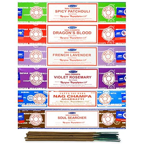  인센스스틱 Satya Organic Incense Sticks- Gift Set of 6 Packs - Nag Champa, Spicy Patchouli, French Lavender, Violet Rosemary, Dragon Blood, Soul Searcher,15 Grams x 6 Pack