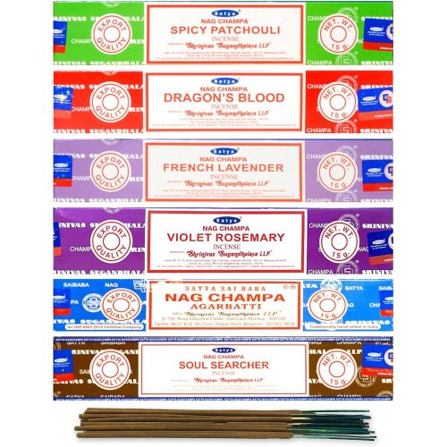  인센스스틱 Satya Organic Incense Sticks- Gift Set of 6 Packs - Nag Champa, Spicy Patchouli, French Lavender, Violet Rosemary, Dragon Blood, Soul Searcher,15 Grams x 6 Pack