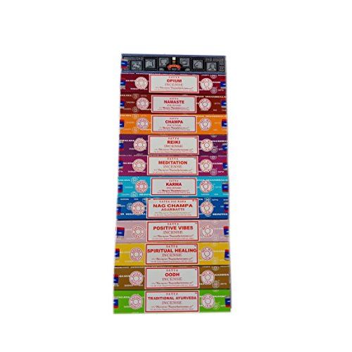  인센스스틱 Satya Incense Set 12 x 15gram Includes: Nag, Super Hit, Oodh, Positive Vibes, Namaste, Champa, Opium, Reiki, Spiritual Healing, Karma, Traditional Ayurveda and Meditation, Wood, Mu