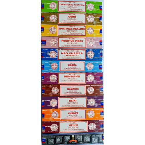  인센스스틱 Satya Incense Set 12 x 15gram Includes: Nag, Super Hit, Oodh, Positive Vibes, Namaste, Champa, Opium, Reiki, Spiritual Healing, Karma, Traditional Ayurveda and Meditation, Wood, Mu