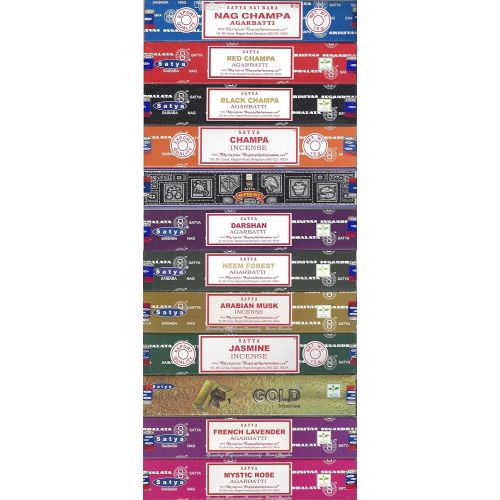  인센스스틱 Satya Bangalore ( BNG) Set of 12 Nag Champa, Red Champa, Black Champa, Champa, Super Hit, Darshan, Neem Forest, Arabian Musk, Jasmine, Gold, French Lavender, Mystic Rose Incense St