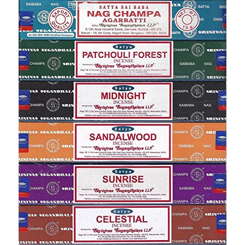  인센스스틱 Satya - Set of 6 - Nag Champa, Sunrise, Sandalwood, Midnight, Patchouli, Celestial 15 grams