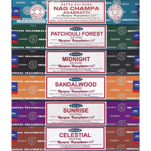  인센스스틱 Satya - Set of 6 - Nag Champa, Sunrise, Sandalwood, Midnight, Patchouli, Celestial 15 grams