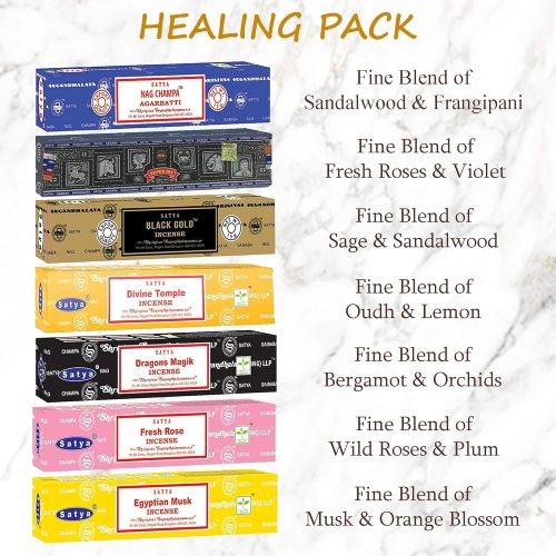  인센스스틱 Satya Nag Champa Incense Stick Packs - Assorted Fragrances - Hand Rolled & Non-Toxic - Perfect for Meditation and Relaxation - Home Fragrance Gift Pack - 15g, Set of 7 Aromas (Healing)
