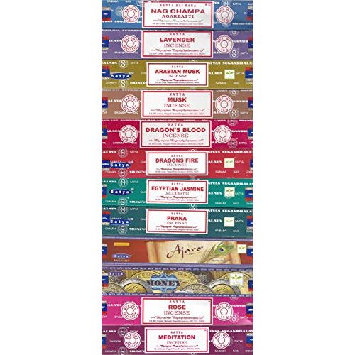  인센스스틱 Set of 12 Nag Champa, Lavender, Arabian Musk, Egytian Jasmine, Musk, Dragons Fire, Dragons Blood, Prana, Ajaro, Money, Rose, Meditation by Satya Incense Bangalore (BNG)