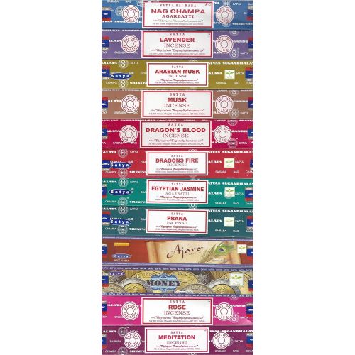  인센스스틱 Set of 12 Nag Champa, Lavender, Arabian Musk, Egytian Jasmine, Musk, Dragons Fire, Dragons Blood, Prana, Ajaro, Money, Rose, Meditation by Satya Incense Bangalore (BNG)