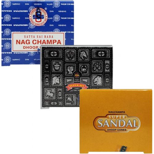  인센스스틱 Satya Sai Baba Satya Gift Set of 3 Assorted Variety Pack of Natural Masala Incense Scents Cones Nag Champa, Super Hit, Sandal - 3 Boxes of 12 Incense Cones - 3 X 12 (36) for Healing Meditation Pe