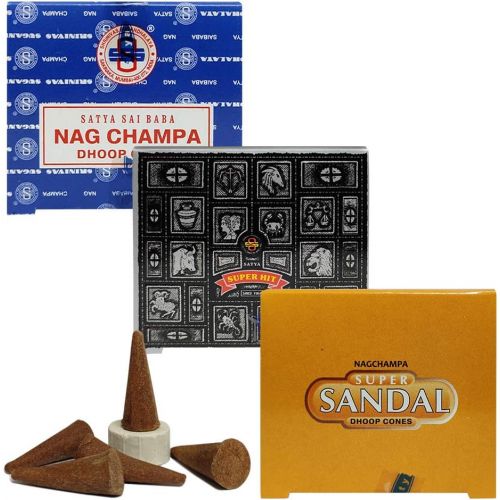  인센스스틱 Satya Sai Baba Satya Gift Set of 3 Assorted Variety Pack of Natural Masala Incense Scents Cones Nag Champa, Super Hit, Sandal - 3 Boxes of 12 Incense Cones - 3 X 12 (36) for Healing Meditation Pe