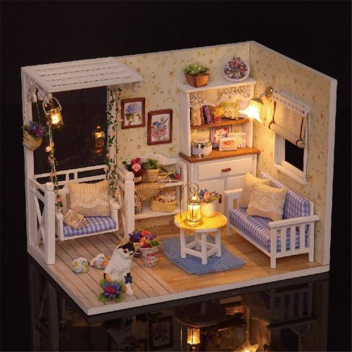  Saumota Handmade Wood Material DIY Mini House Room Led Light Miniature Dollhouse Kit Furniture...