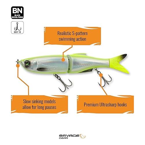  Savage Gear 3D Glide Swimmer Fishing Bait, 1 3/4 oz, Chartreuse Flash, Realistic Contours, Colors & Movement, Durable Construction, Slow-Sinking, Premium Dual Treble Hooks and Rigging