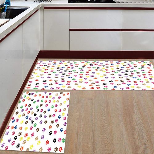  Savannan 2 Piece Non-Slip Kitchen Bathroom/Entrance Mat Absorbent Durable Floor Doormat Runner Rug Set - Colorful Dog Paw Prints
