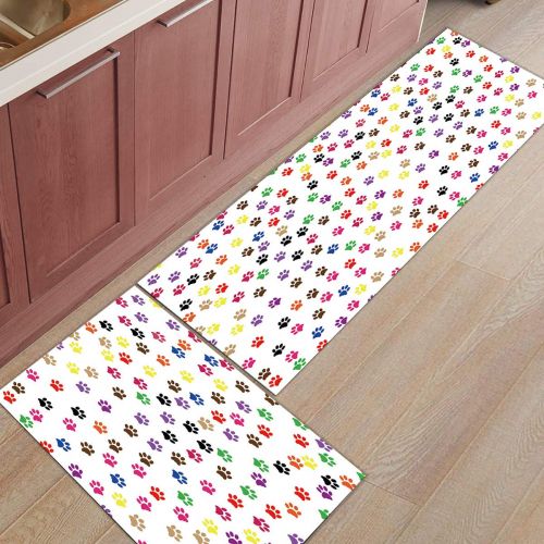  Savannan 2 Piece Non-Slip Kitchen Bathroom/Entrance Mat Absorbent Durable Floor Doormat Runner Rug Set - Colorful Dog Paw Prints