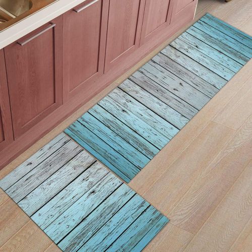  Savannan 2 Piece Non-Slip Kitchen Bathroom/Entrance Mat Absorbent Durable Floor Doormat Runner Rug Set - Blue Wooden Plank Pattern