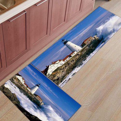  Savannan 2 Piece Non-Slip Kitchen Bathroom/Entrance Mat Absorbent Durable Floor Doormat Runner Rug Set - Lighthouse and Wave Beautiful Scene