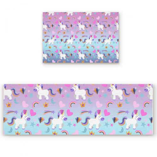  Savannan 2 Piece Non-Slip Kitchen Bathroom/Entrance Mat Absorbent Durable Floor Doormat Runner Rug Set - Unicorn Rainbow