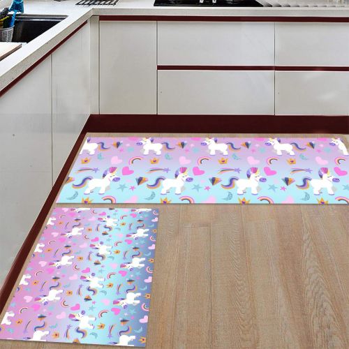  Savannan 2 Piece Non-Slip Kitchen Bathroom/Entrance Mat Absorbent Durable Floor Doormat Runner Rug Set - Unicorn Rainbow