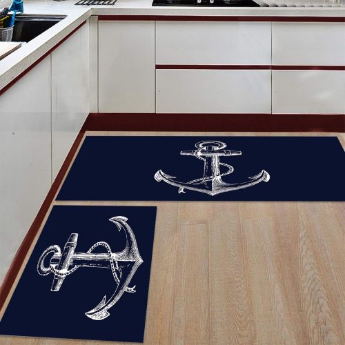  Savannan 2 Piece Non-Slip Kitchen Bathroom/Entrance Mat Absorbent Durable Floor Doormat Runner Rug Set - Nautical Anchor Navy Blue