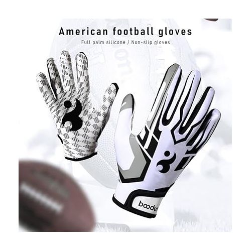  Football Gloves Adult Youth Non-Slip Silicone Palm High Grip Skin Tight Glove with Adjustable Wristband Receiver for Training and Games (1/2 Pair) White/Red