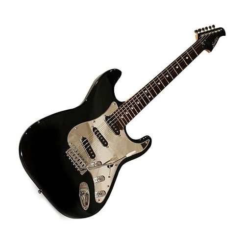  Sawtooth Black Electric Guitar w/Chrome Pickguard - Includes: Strap, Picks & Lessons
