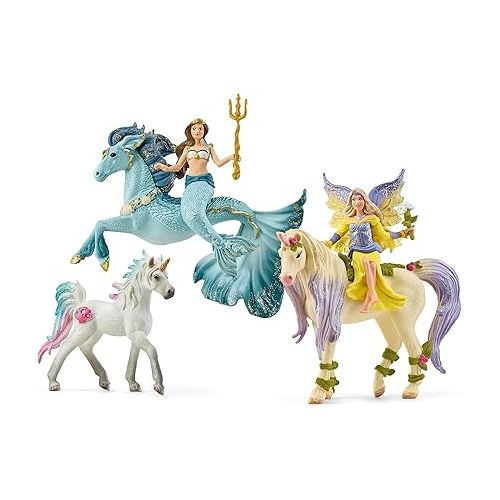  Schleich bayala 5-Piece Starter Set - Fairy Feya, Mermaid Eyela, with Unicorn, Pegasus, and Seahorse Playset - Magical and Colorful Toy Set, Enchanting Gift for Boys and Girls, Kids Age 5+