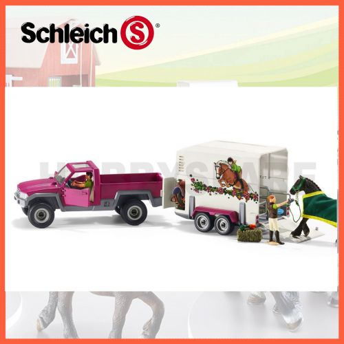  Schleich NEW SCHLEICH HORSE CLUB PICK UP TRUCK & BOX TRAILER with HORSE & FIGURES 42346