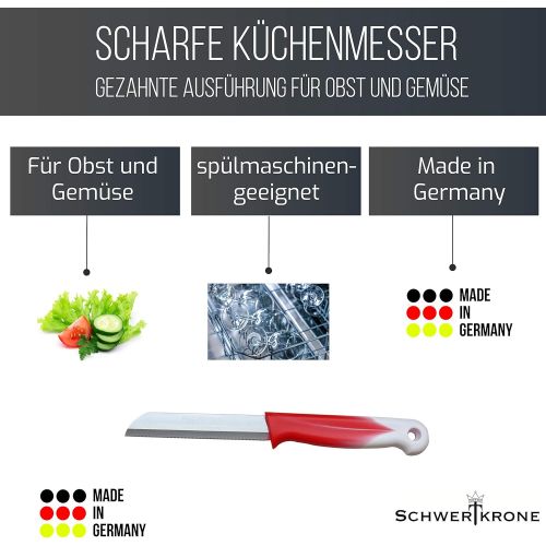  Schwertkrone 6 Kuechenmesser Wellenschliff | Messerset Solingen | Gemuesemesser scharf gezahnt/Welle/Schalmesser Obstmesser Allzweckmesser Bandstahl 8,5 cm Klinge