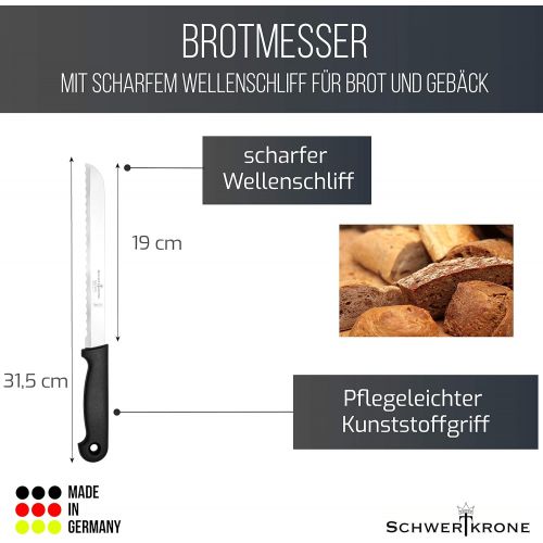  Schwertkrone Brotmesser Basic Solingen - Wellenschliff mit leichtem Kunststoffgriff, Edelstahl, rostfrei