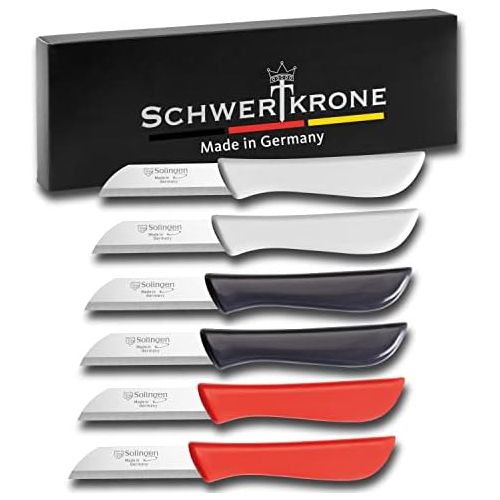  Schwertkrone 6er Set Gemuesemesser scharf / Kuechenmesser / Schalmesser / Obstmesser - Bandstahl Elegance Serie rot / grau / weiss Solingen Germany (bunt-grau-weiss-rot)