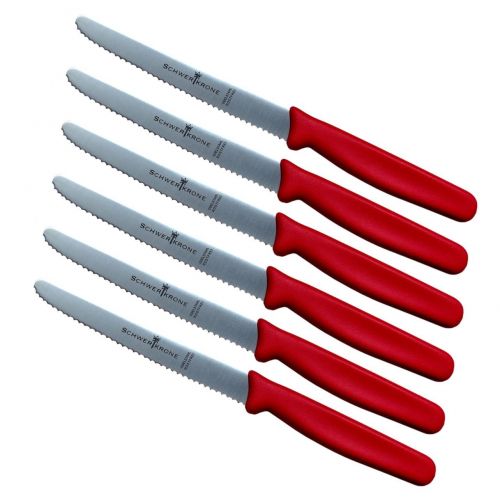  Schwertkrone Broetchenmesser Gemuesemesser Spuelmaschinenfest/Fruehstuecksmesser/Tomatenmesser / 6er Set Messer rostfrei gezahnt Welle (rot)