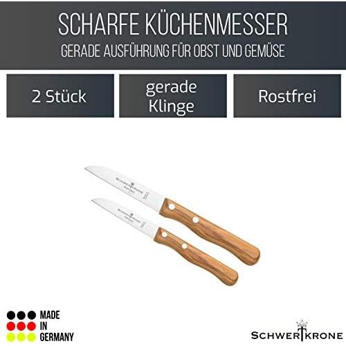  [아마존베스트]Schwertkrone Solingen Germany Set of 2 Wooden Handle / Fruit Knife Olive Vegetable Knife Sharp / Paring Knife Wood Olive Wood 3 Inch + 4 Inch Straight Rustproof
