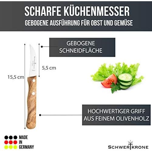  [아마존베스트]Schwertkrone Fuchs Knife Solingen Germany Fruit Knife / Vegetable Knife Sharp/Paring Knife Wood Olive 15.5 cm Curved Rustproof Bird Beak (1)