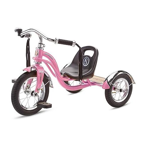  Schwinn Roadster Bike for Toddler, Kids Classic Tricycle, Low Positioned Steel Trike Frame w/ Bell & Handlebar Tassels, Rear Deck Made of Genuine Wood, for Boys and Girls Ages 2-4 Year Old, Light Pink
