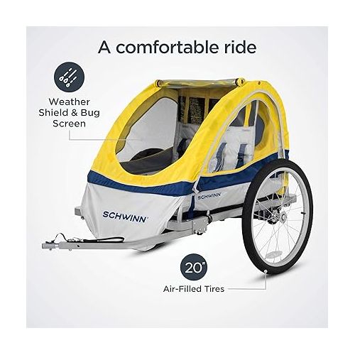  Schwinn Joyrider Echo and Trailblazer Child Bike Trailer, Single and Double Seat Baby Carrier Options, Canopy, 16 or 20-Inch Air-Filled Tires, with Bug Screen & Weather Shield, Bike Attachment