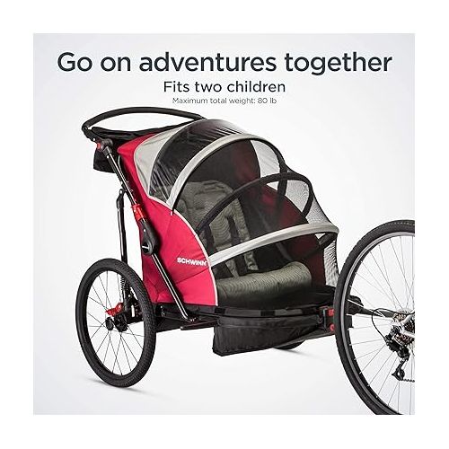  Schwinn Kids Bike Trailer and Stroller, Seats 2 Riders, Carrier Canopy for Sun Protection and Weather Blocking, Foldable and Compact for Easy Storage, Flag Included