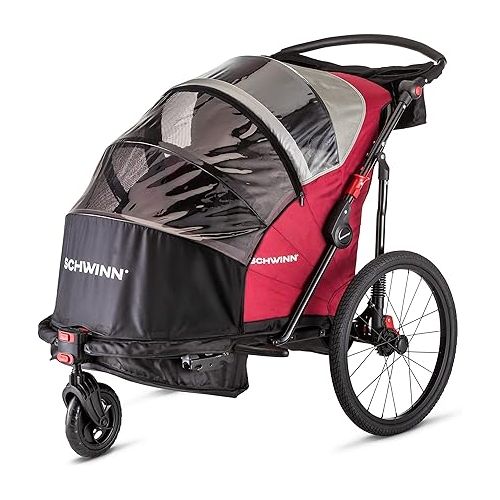  Schwinn Kids Bike Trailer and Stroller, Seats 2 Riders, Carrier Canopy for Sun Protection and Weather Blocking, Foldable and Compact for Easy Storage, Flag Included