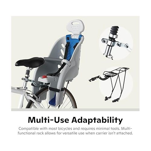  Schwinn Deluxe and Ovation Bike Child Carrier, Rear Mounted Bike Seat Compatible with Most Adult Bike, Seats One Child, Ages 1 Year and Up, Max. Weight 40 lbs., Baby Bike Seat