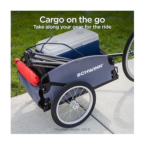  Schwinn Daytripper and Porter Cargo Bike Trailer, 100 lbs. Max Weight Capacity, Collapsible Frame, Tow Behind Rear Trailer, Air-Filled Tires, Not for Kids or Animals, Bicycle Accessories