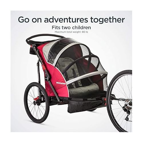  Schwinn Kids Bike Trailer and Stroller, Seats 2 Riders, Carrier Canopy for Sun Protection and Weather Blocking, Foldable and Compact for Easy Storage, Flag Included