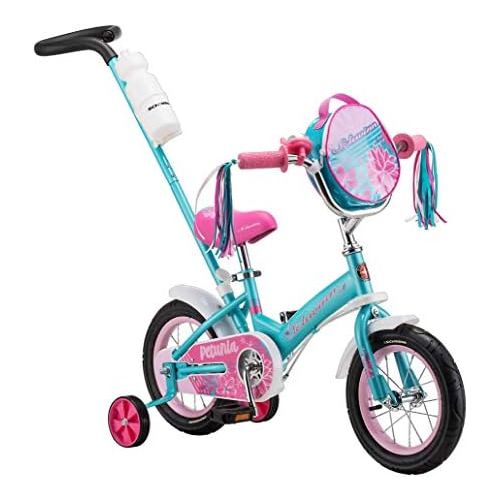  Schwinn Grit and Petunia Steerable Kids Bike, Boys and Girls Beginner Bicycle, 12 Inch Wheels, Training Wheels, Easily Removed Parent Push Handle with Water Bottle Holder, Multiple